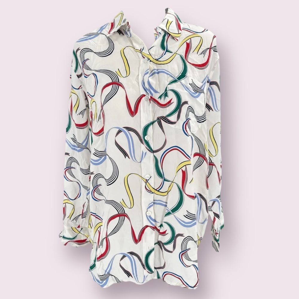 Equipment Femme Multi Color Ribbon 100% Silk Long Button Up Shirt Sz S